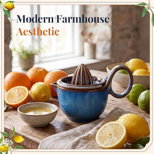 Sawysine Ceramic Lemon Squeezer Manual Citrus Juicer with Strainer Hand Press Lime Orange Reamer with 8.45 oz Cup Strainer Lid Spout Handle for Citrus Fruits Home Kitchen Bar(Classic,Dark Blue)