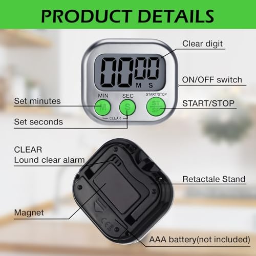 Leumoi 24 Pack Multi-Function Digital Timers with Magnetic Back, Large LCD Display, Loud Alarm, Count up & Countdown, Memory Function for Cooking, Classroom, Study, Exercise & Work(Sliver and Green)