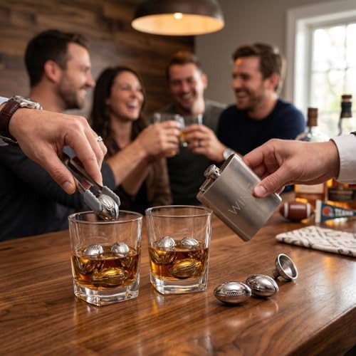 Football Gifts for Men Dad - Whiskey Glasses and Chilling Stones Gift Set, Whiskey Flask, Whiskey Glasses, Stainless Steel Whiskey Footballs, Slate Stone Coasters, Tongs Gift Box