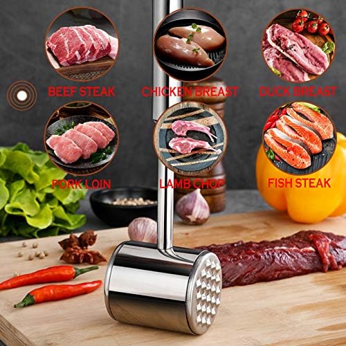 Reversible Dual-sided Meat Tenderizer and Pounder 304 Stainless Steel Meat Mallet Hammer Marinating Prep Tool for Tenderizing Steak, Beef and Poultry