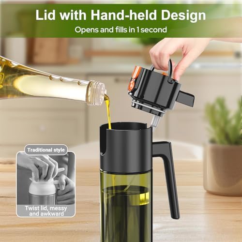 Oil Spray Bottle 500ml, 2-in-1 Spray & Pour Light-Blocking Glass, Refillable Olive Oil Dispenser for Kitchen, Air Fryer, Salad, and Barbecuing, with Brush（Black)