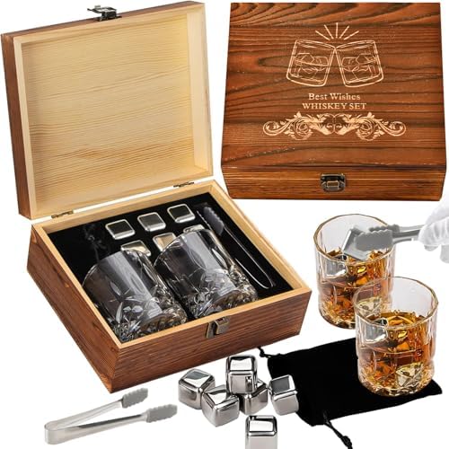 Whiskey Glasses Gifts Set for Men, Whiskey Stones Bourbon Drinking Glass with Wooden Gift Box, Cocktails Scotch Cups Birthday Gift Set for Him