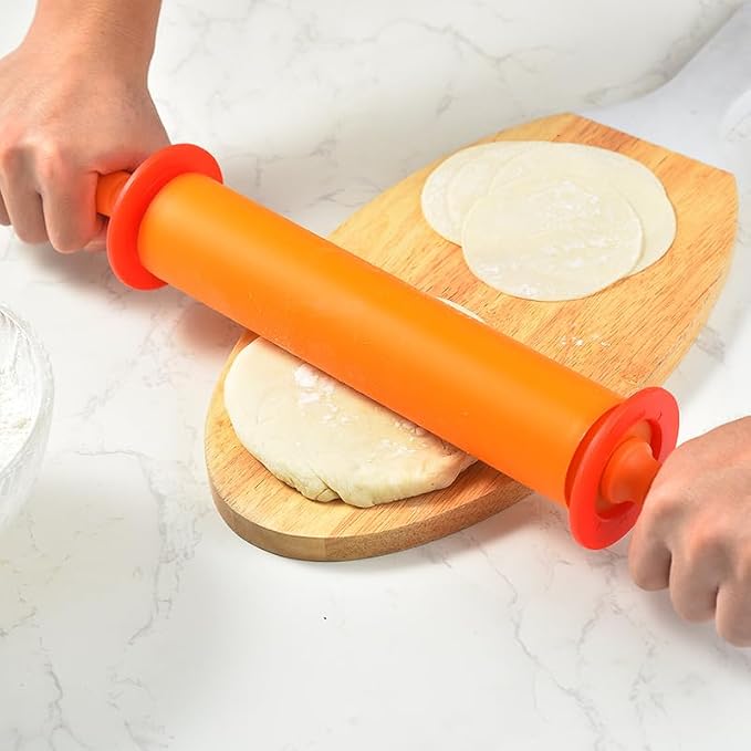 Adjustable Rolling Pin with Thickness Rings for Baking Cookie Chapati Fondant Dough Pastry Pizza Pie Crust Silicone Roller Pin 17.7 Inches with 4 Thickness Rings (Orange)