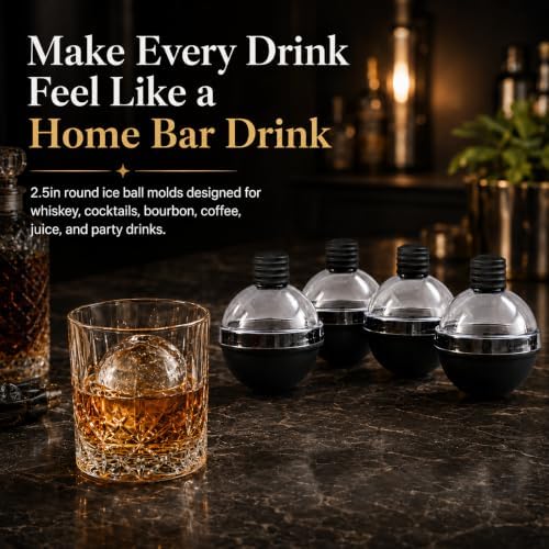 Large Silicone Round Ice Molds for Whiskey, Set of 4, Make 2.5in Ice Balls