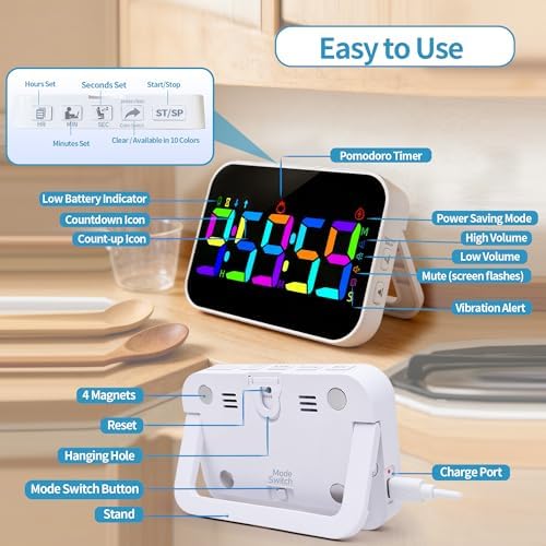 Kitchen Digital RGB Timer, Count Down Up, Rechargeable, Vibration Mode Adjustable Volume and Brightness LED Display, Time Management Cook, Desk, Kids Adults Study Teaching, Kitchen Gadgets