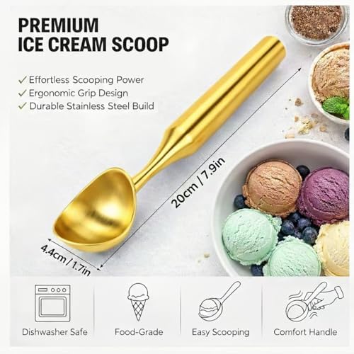 Stainless Steel Ice Cream Scoop, Heavy Duty Scooper, Gold