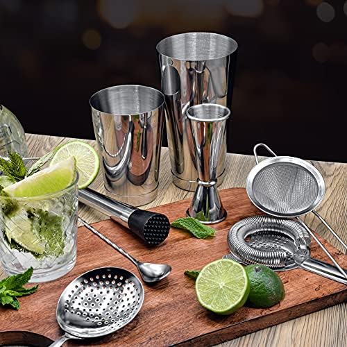 Boston Shaker Set for Cocktails with 28oz and 18oz Weighted Tins, Professional Muddler and Jigger - Stainless Steel Bar Tools (4pc set)