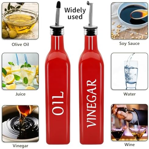 Olive Oil Dispenser Bottle,2 Pcs 17oz 500ml Glass O il and Vinegar Dispenser Set with 2 Stainless Steel Pourers, 8 Labels,Funnel Vinegar Bottles for Kitchen (Red)