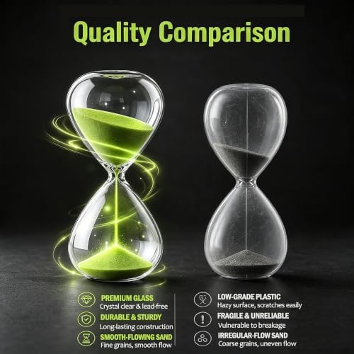 Hourglass, HoveBeaty Green Sand Timer, 15 Minute Hand-Blown Glass