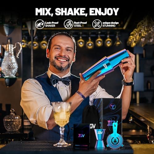 IOV Boston Cocktail Shaker Bar Set, Bartender Kit Drink Mixer Set with 18 oz & 28 oz Boston Shakers, Hawthorne Strainer, Double Jigger, Bar Tool Kit and Recipe Booklet - Rainbow
