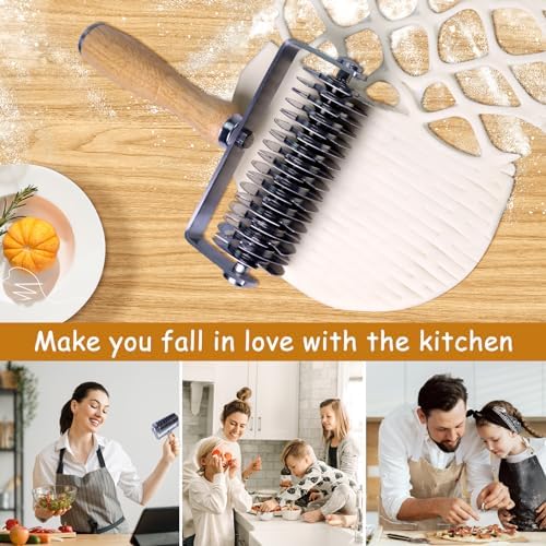 Stainless Steel Pastry Lattice Cutter, Lattice Dough Wheel Cutter with Wooden Handle, Roller Cutter for Lattice Pie Crust, Beef Wellington, Metal Pastry Dough Slicer for Bread, Pizza, and Puff Pastry