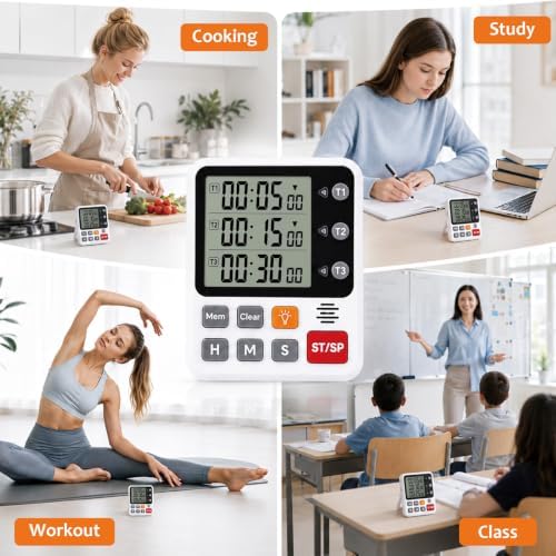 Backlit Magnetic 3-Channel Digital Kitchen Timer for Cooking