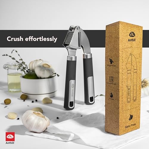 Anthill Premium – Heavy Duty Garlic Press - Stainless Steel – Rust proof – Dishwasher Safe – Garlic Mincer tool – Easy-Clean with Soft Grip Handle – Strong and Durable – Press Garlic with ease (Grey)