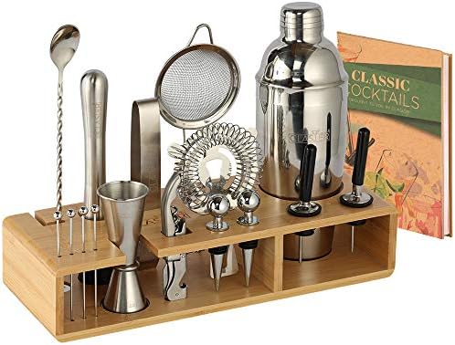 23-Piece Mixology Bar Kit Cocktail Shaker Set - Bartender Kit with Stylish Bamboo Stand - Home Bar Tools and Martini Drink Mixer Gift Set with Recipe Book