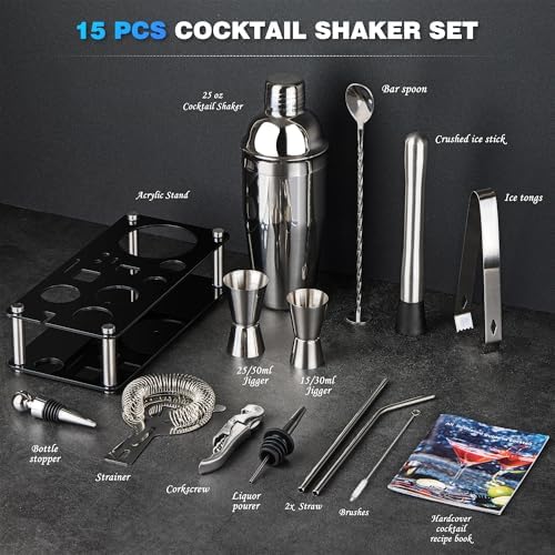 Wukuna Bartender Kit,15 Pcs Cocktail Shaker Bar Tool with Acrylic Stand