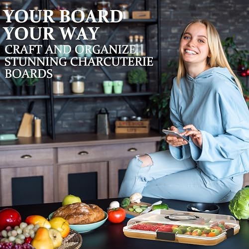 Charcuterie Board with Clear Lid and Handle, 6-Compartment Portable Serving Tray, 11 x 14 Inches, Plastic and Bamboo, Housewarming Gift, Cutting Board, Cheese Board for Serving and Outdoor Dining