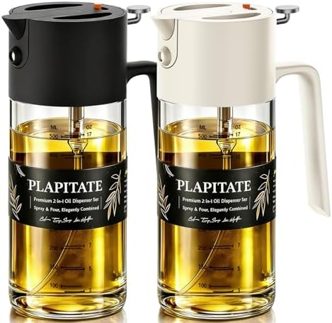 PLAPITATE 2Pcs 17oz Premium Olive Oil Sprayer for Cooking, 2 in 1 Glass Olive Oil Dispenser Bottle for Kitchen Gadgets, Spray Bottle with Portion Control for Salad, Frying, BBQ (Black & White)