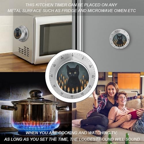 Black Cat in Room of Candles Kitchen Timers for Cooking Minimalist Chef Cooking Timer Clock with Loud Alarm No Batteries Required Mechanical Desk Timer Magnetic Backing