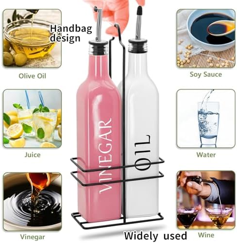 Farmhouse Oil and Vinegar Dispenser Set, 17 oz, beautiful olive oil dispenser, includes a black steel rack and a funnel, vintage cruets for vinegar and oil (White Oil & Pink Vinegar)