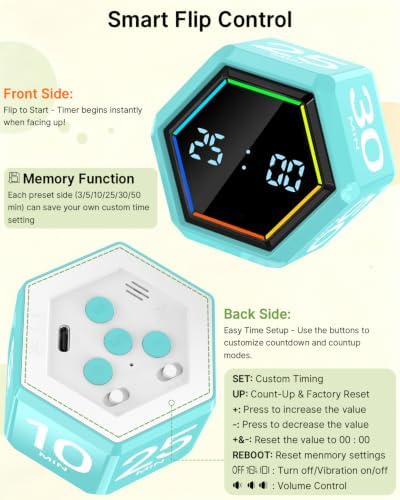 Rotating Pomodoro Timer Cube 3/5/10/25/30/50 min with Colorful Visual Bar