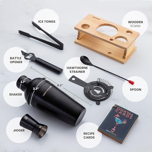 Modern Mixology Cocktail Shaker Set - 8 Piece Bartender Kit on Quality Pine Stand | Complete Cocktail Kit Gift Set | Top Bartender Gifts for Men | Leak Proof Design (Black)