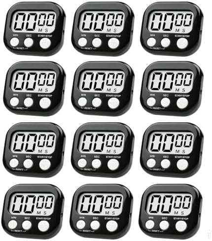 12 Pack Digital Kitchen Timer Large LCD Display Loud Alarm Strong Magnetic Stand, Minute Seconds Count Up Countdown and Simple Operation Timers for Cooking, Bathroom, Kids, Teacher, Classroom - Black