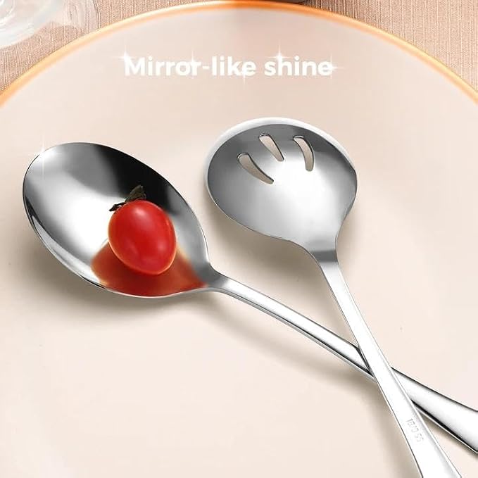 Stainless Steel Serving Spoons Set, 8pc, 10-Inch, Includes 4 Large, 4 Slotted, for Parties/Kitchen/Buffet/Catering, Dishwasher Safe