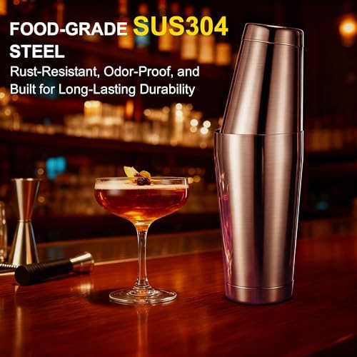 Boston Shaker Set, 18oz & 28oz 2-Piece Tins, Professional 304 Stainless Steel Cocktail Shaker with Leak-Proof Weighted Base for Bartending, Home & Bar Use (RoseGold)
