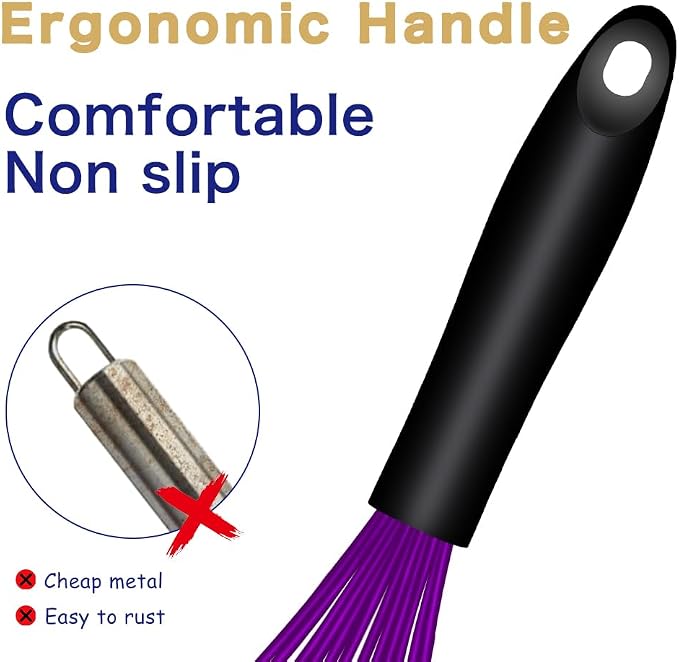 OYV Dishwasher Safe Purple Silicone Whisk, Sealed Waterproof Design Set of 3, Professional Kitchen Whisks for Cooking Non-Scratch, Silicone & Stainless Steel Whisk, Heat Resistant Balloon Egg Beater