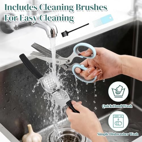Garlic Press & Herb Scissors Set, 6 Pcs Kitchen Gadgets With Garlic Mincer & Kitchen Scissors for Herbs, Professional 5-Blade Kitchen Shears Garlic Press Tool Silicone Garlic Peeler & Brush