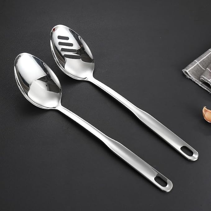 IMEEA Cooking Spoon Set SUS304 Stainless Steel Big Spoons for Serving Food Large Serving Spoons Basting Spoon Slotted Spoon, 12.8-Inch