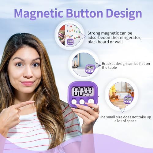 2 Pack Pack Digital Kitchen Timer Magnetic Digital Timer with Big Display Loud Ring Cooking Timers for Cooking, Game, Gym, Break Time, Classroom (2, Blue, Purple)