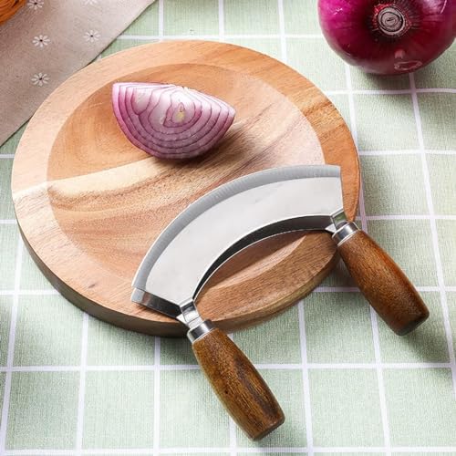 Salad Chopper With Round Wood Cutting Board - Mezzaluna Knife with Protective Cover and Anti-Slip Handle Stainless Steel Chopper Vegetable Cutter Onion Chopper Mincing Knife Pizza Cutter