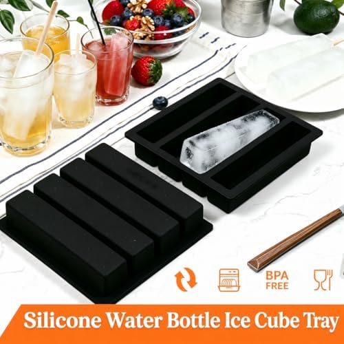 Webake Silicone Water Bottle Ice Cube Trays Mold Set of 2, Easy Release Long Ice Cube Sticks For Cocktail and Whisky