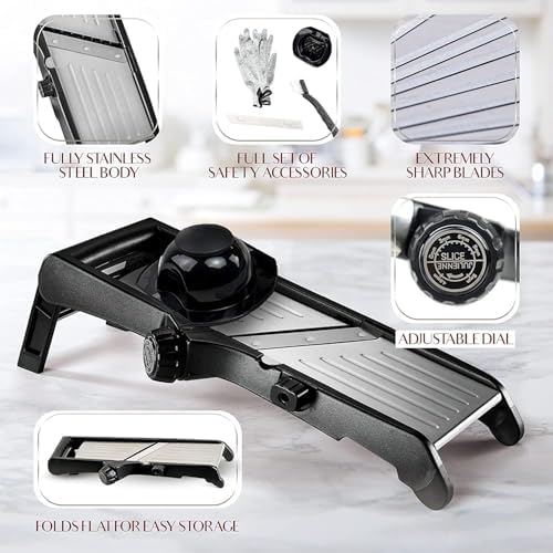 Adjustable Mandoline Slicer for Kitchen, Potato Cutter, Vegetable Chopper, Mandolin, Cucumber Slicer- INCLUDING one Pair Cut-Resistant Gloves and Waffle Fry Cutter