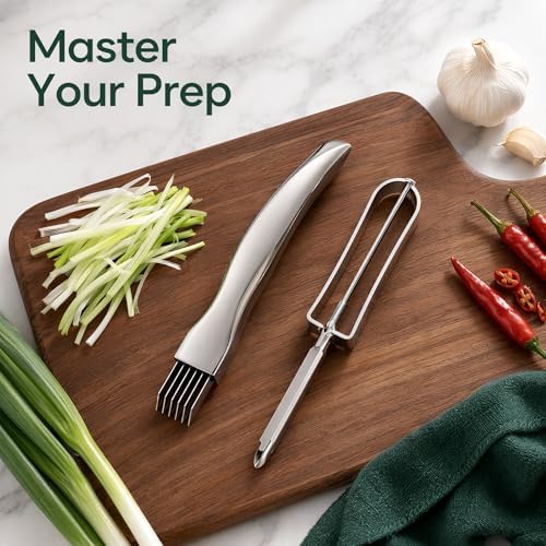 Stainless Steel Scallion Cutter and Vegetable Peeler Set, Professional 7-Blade Onion Slicer for Shred Silk Garnish, Heavy Duty Metal Fruit Peeler for Kitchen, Dishwasher Safe