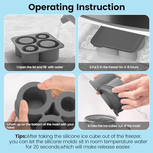 Large Silicone Ice Cube Tray for 20-30-40 oz Tumbler Cup, Slow Melting Ice Mold with Lid, Easy Release Ice Maker(Grey)