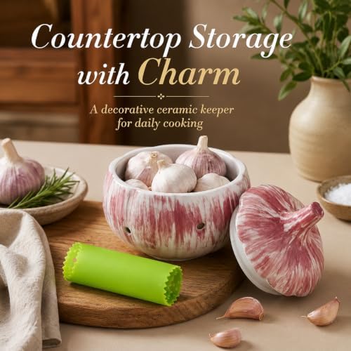 1 Set Garlic Keeper for Counter with Lid, 5.12 x 5.51 in Ceramic Storage Jar with Vent Holes, Includes Silicone Peeler Tube, Compact Kitchen Container for Bulbs, Pantry and Daily Home Cooking