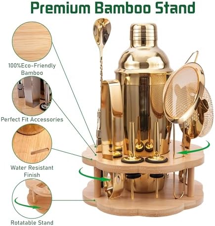 Cocktail Shaker Set Bartender Kit with Rotatble Bamboo Stand,11 Piece Bar Set Stainless Steel Bar Accessories for Drink Mixing, Bar, Home, Party (Gold)