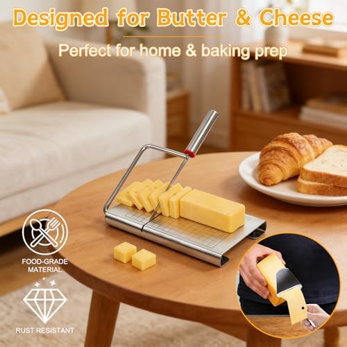 Cheese Slicer, Stainless Steel Cheese Cutter Board and Measuring Grids, Multipurpose Cheese Cutter for Block Cheese, Butter, Sausages, Fruits Kitchen Gadget Cheese Tool