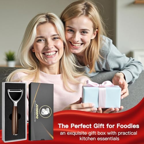 JUSEEPO Premium Vegetable Peeler, Y Type Swivel 304 Stainless Steel Blade Comfortable Solid Wood Handle, Practical gift for the home kitchen mom grandma for Veggie, Fruit, Potato(Charred Wood)
