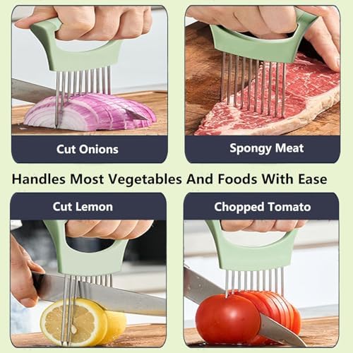 Upgraded Stainless Steel Lemon Slicer Onion Cutter, Onion Holder for Slicing, Vegetable Cutter Kitchen Chopper Slicing Assistant Tool for Potato and Tomato Avocados Eggs Meat (1, Green)