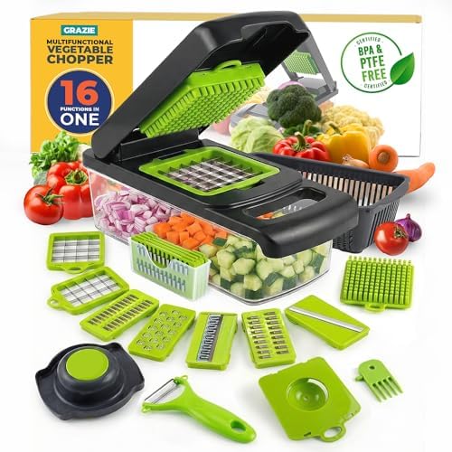 Grazie 16-in-1 Vegetable Chopper with Container – Multifunctional Food Cutter, Dicer, Slicer, Grater, Peeler – Essential Kitchen Gadget for Veggies, Fruits & Salad, Easy & No-Mess Meal Prep, Gray