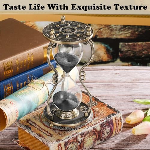 CNCJ Nautical Brass Sand Timer 60 Minute Hourglass:Antique Metal Rudder Sand Clock, Black Sand Watch 60 Min, Vintage Reloj De Arean, Small Hour Glass Sandglass for Gifts, Office, Desk Decor