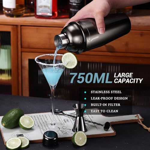 Cocktail Shaker Set Bartender Kit with Stand, 12 Piece Bar Set Drink Mixer Set with Stainless Steel Bar Accessories Tools: 25oz Martini Shaker Jigger Strainer Spoon Muddler for Cocktails (Black)