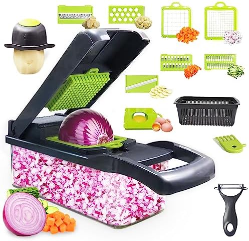 Multifunctional Veggie Chopper - 14 in 1 Food Chopper With 8 Blades, Slicer, Dicer, Cutter for Vegetables, Onions, and More - Hand Guard Included