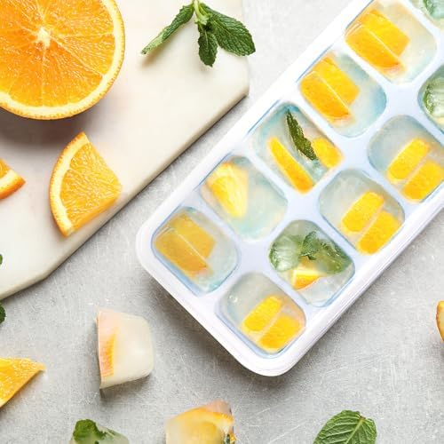 KEPLIN - 2 Pack Flexible Silicone Ice Cube Trays with Leakproof Lids, Easy Release Container, LFGB Certified and BPA Free, Parties, Cocktails and Frozen Drinks (Blue)