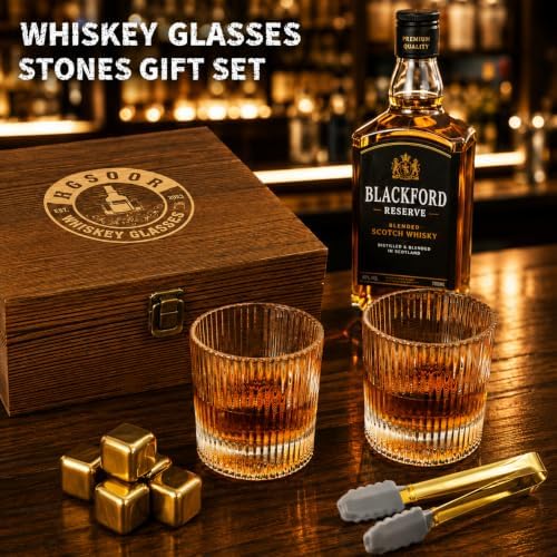 Whiskey Glass Gift Set for Men, 2 Ribbed Old Fashioned Glasses with 6 Gold-Tone Stainless Steel Whiskey Stones, Tongs, Pouch and Wooden Gift Box, Bourbon Scotch Gifts for Dad Husband