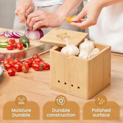 Bamboo Garlic Keeper for Counter, Large Garlic Holder Storage with Lid