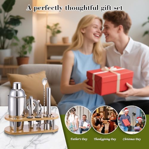 Wukuna Cocktail Shaker Bartender Kit, 11 Pcs Bar Tool Set with Bamboo Stand